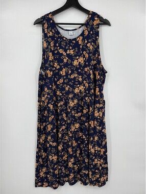 Old Navy Womens Swing Dress Navy Blue Orange Floral Round Neck Sleeveless 2XL
